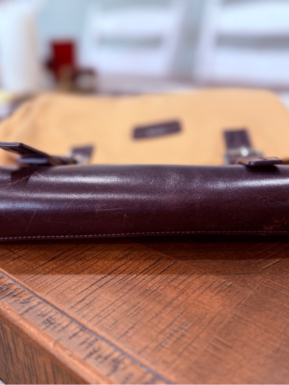 TUMI Tan Canvas & Brown Leather Messenger Bag with protective cover - Picture 7 of 9